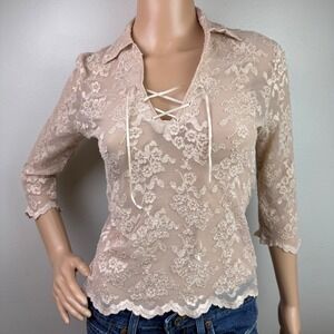 Express Beige Lace Top M • Floral Sheer 3/4 Sleeve Boho V‑Neck Corset Detail Y2K